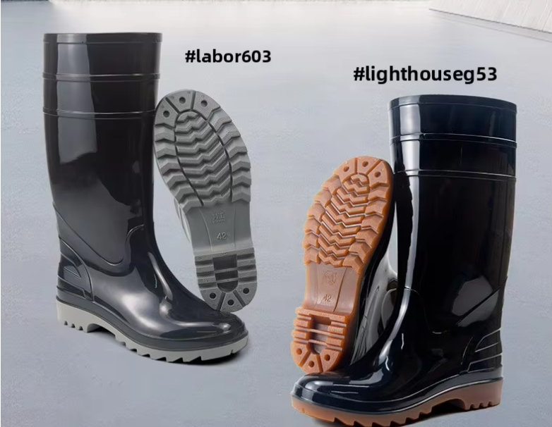 two-models-of-black-industrial-pvc-rain-boots-grey-and-brown-anti-slip-soles
